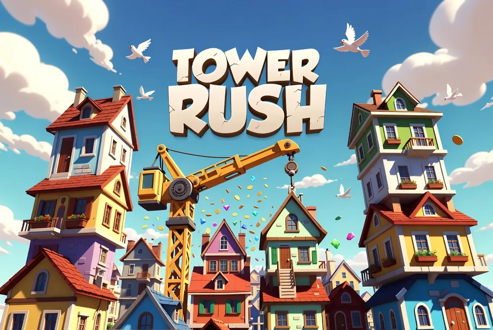 Tower Rush real money payout with coins spilling from a completed tower
