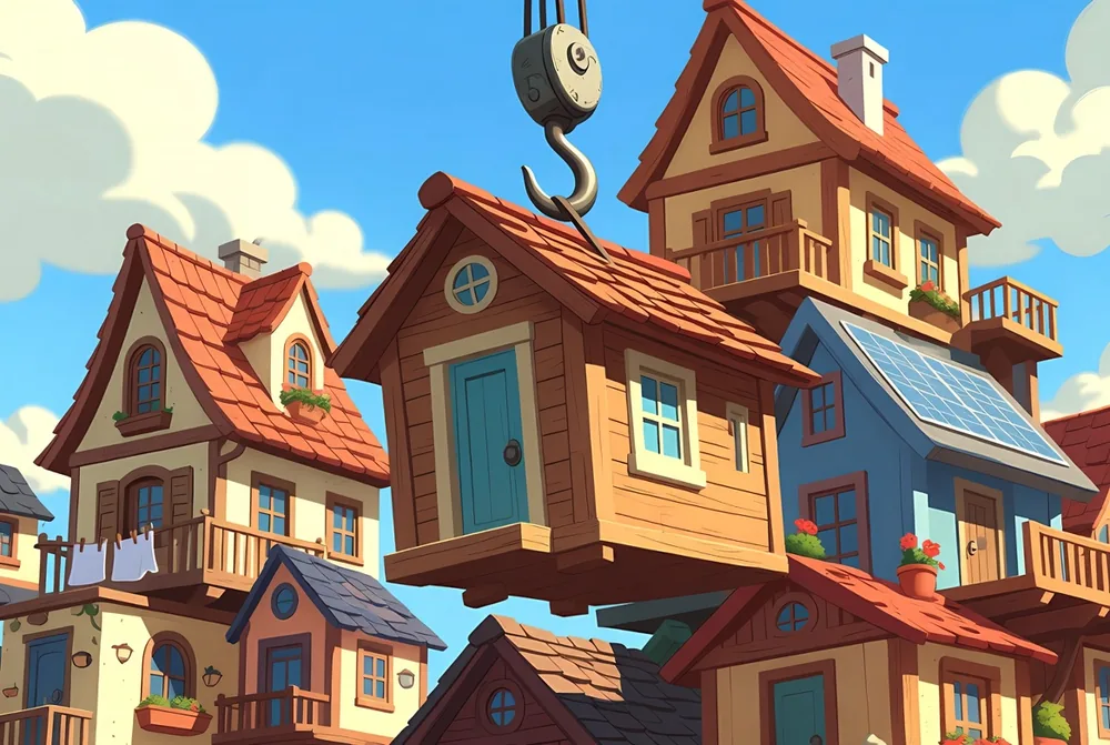 Tower Rush app hero showing the crane hook lowering a floor onto the tower