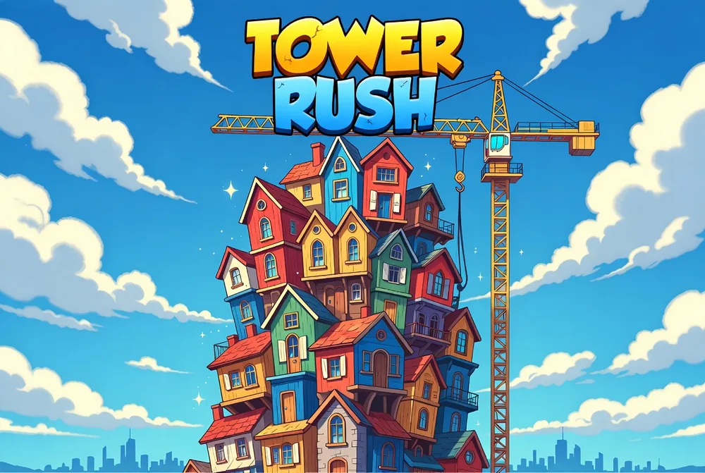 Tower Rush login screen concept with the crane poised above an unfinished tower