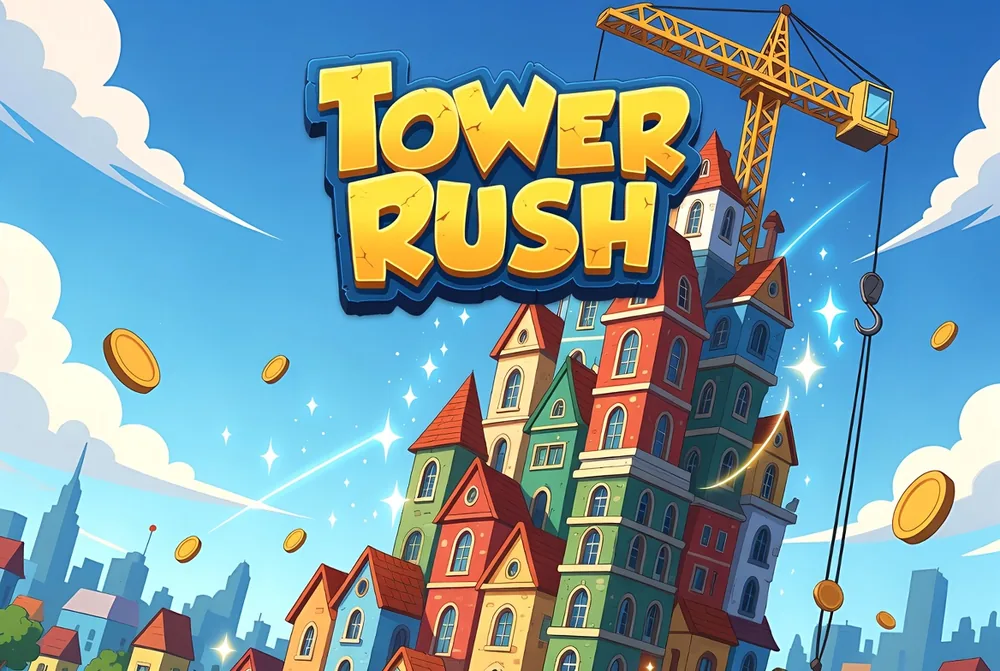 Tower Rush game skyline with the crane lifting a new floor into place