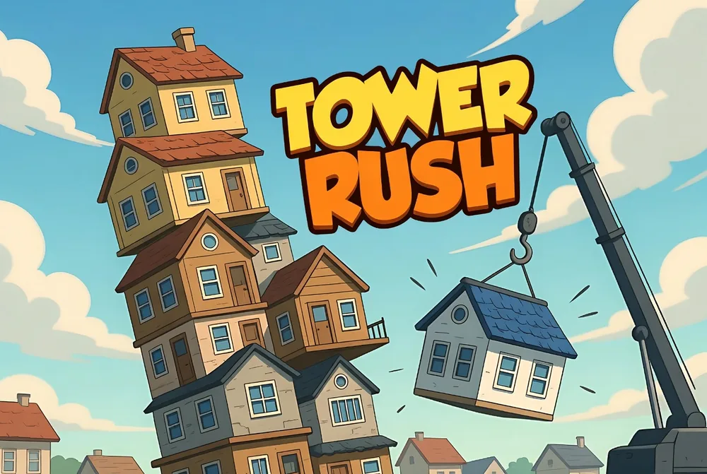 Tower Rush demo showing a wobbling tower one floor before the collapse
